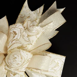 Ivory and Gold Glitter Deluxe Tree Topper Bow with Streamers Clearance