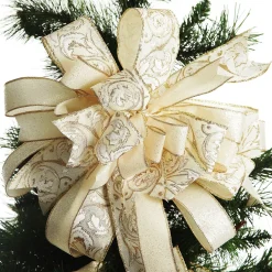 Ivory and Gold Glitter Deluxe Tree Topper Bow with Streamers Clearance