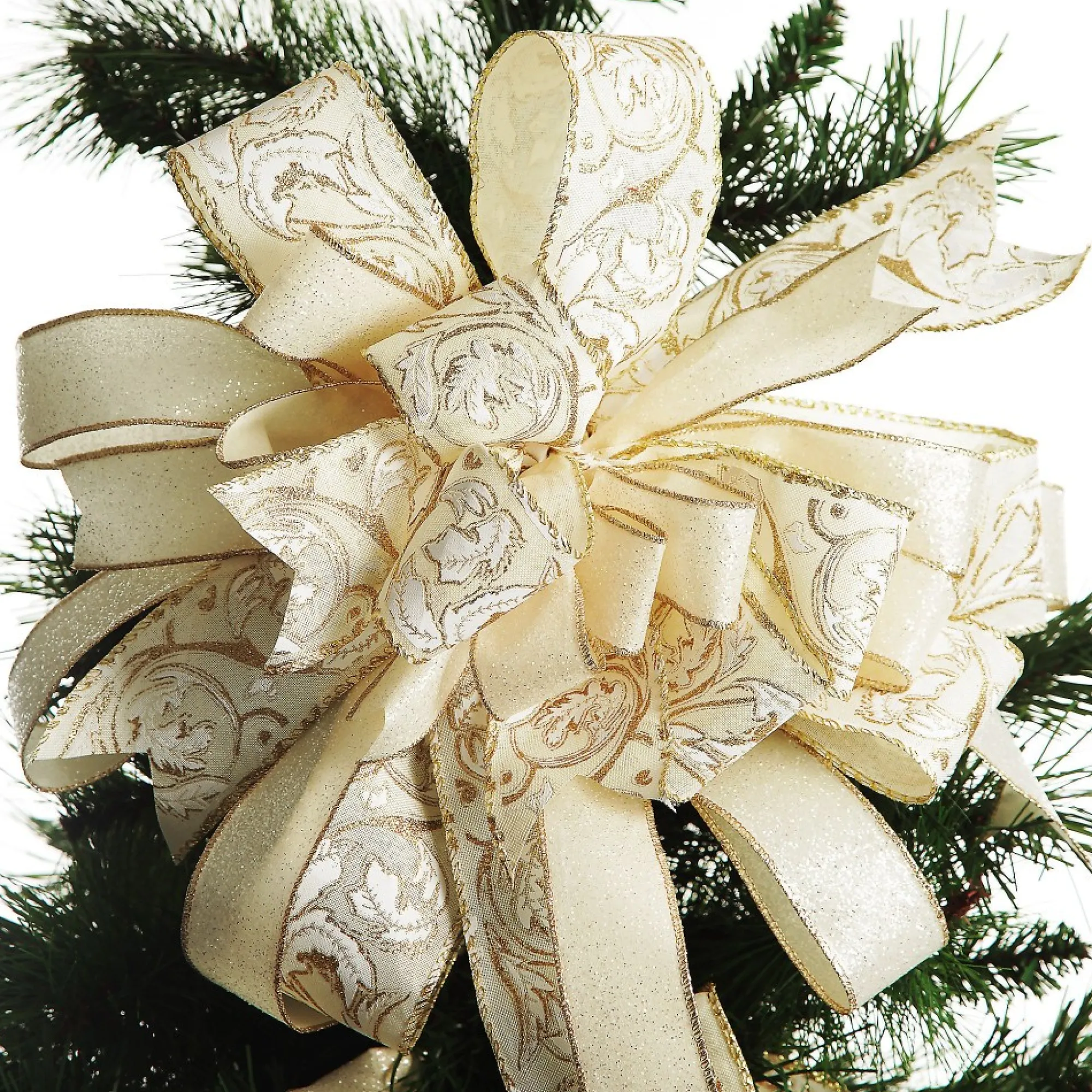 Ivory and Gold Glitter Deluxe Tree Topper Bow with Streamers Clearance
