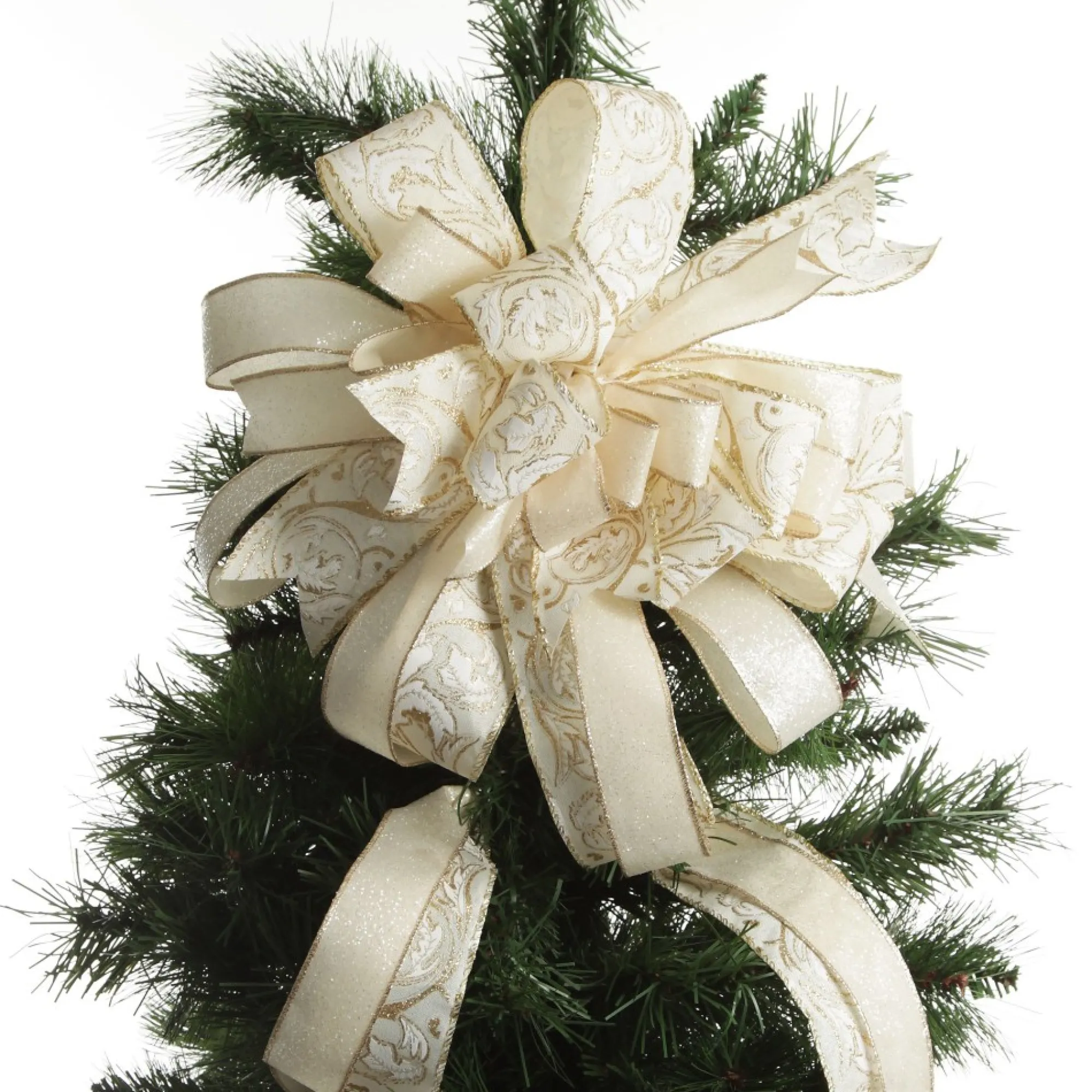 Ivory and Gold Glitter Deluxe Tree Topper Bow with Streamers Clearance