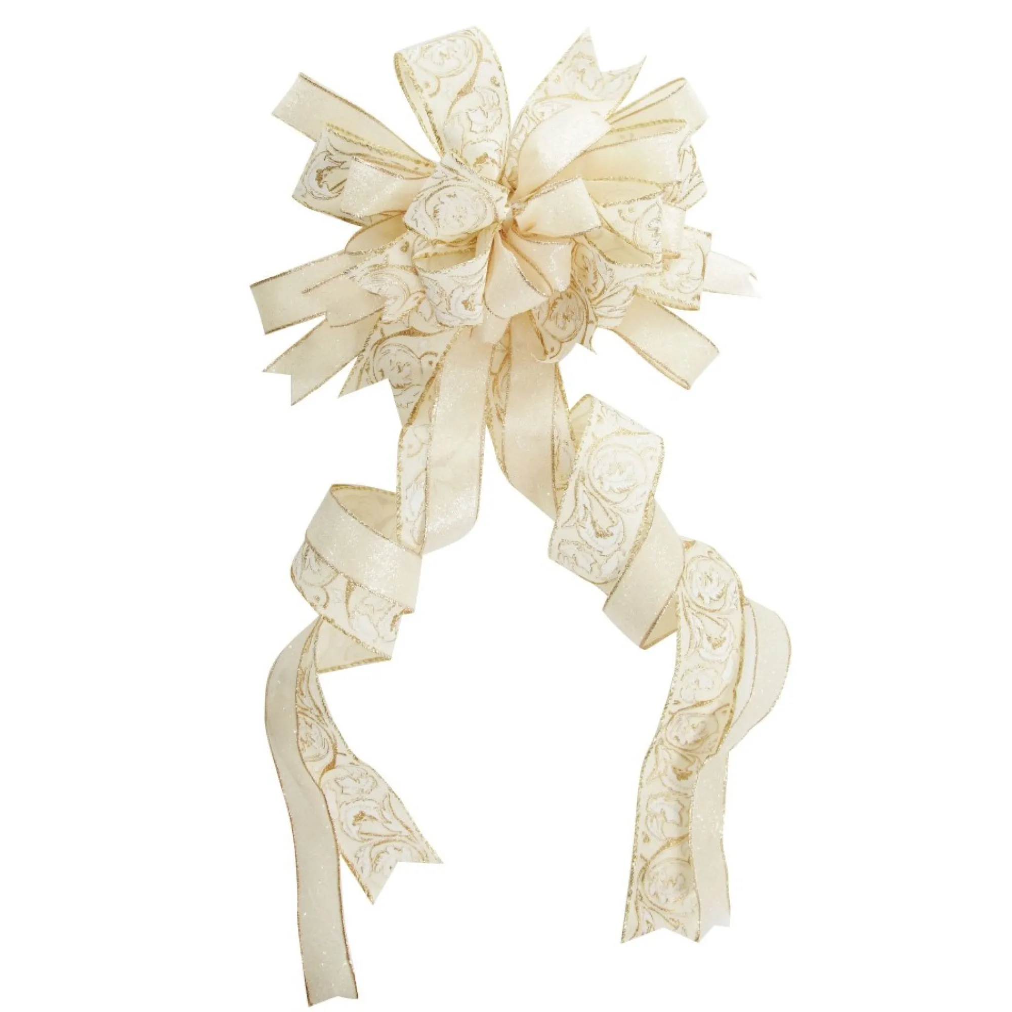 Ivory and Gold Glitter Deluxe Tree Topper Bow with Streamers Clearance