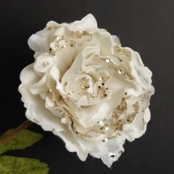 Ivory Peony Flower Stem with Green Leaves Store