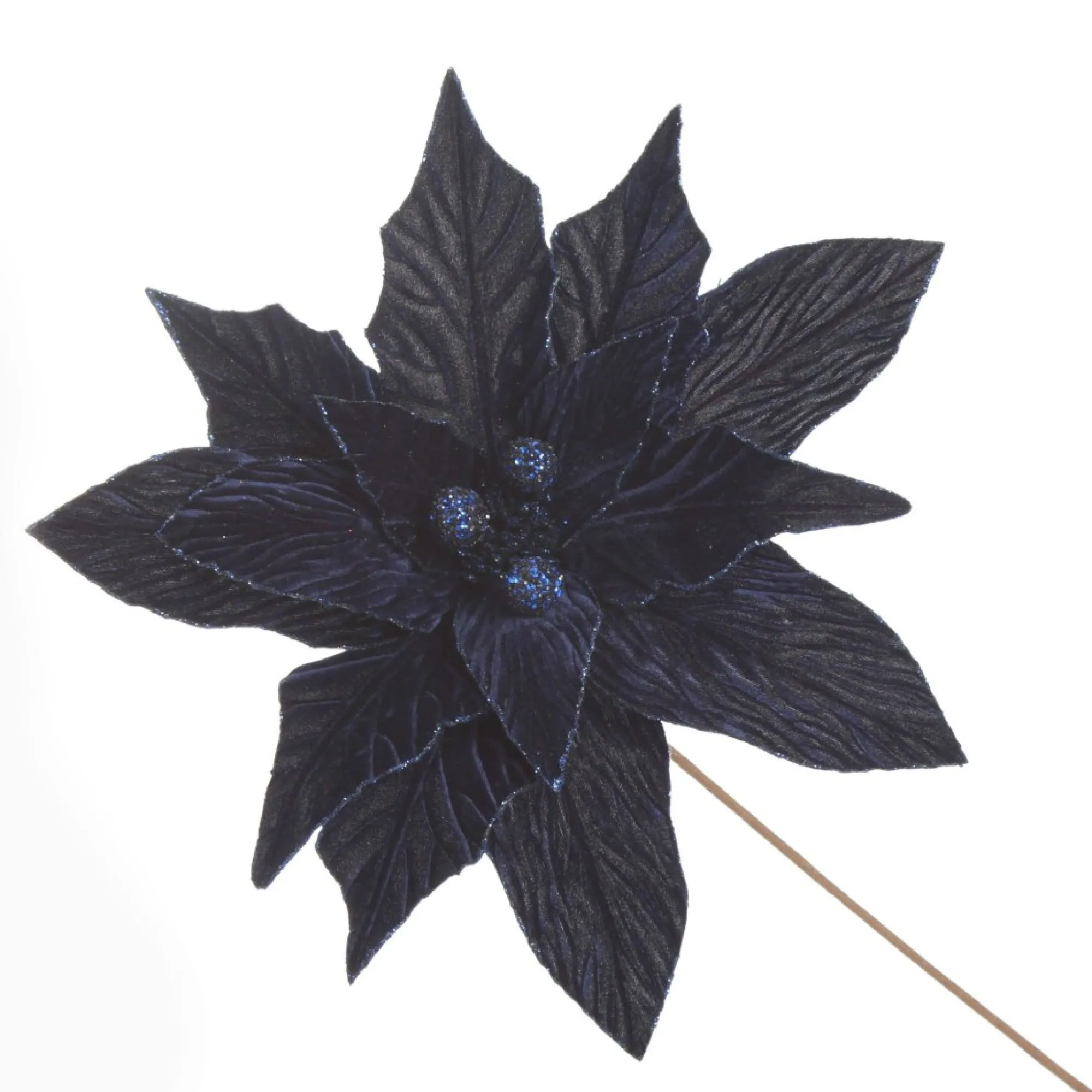 Large Blue Poinsettia Flower Stem with Glitter Trim Sale