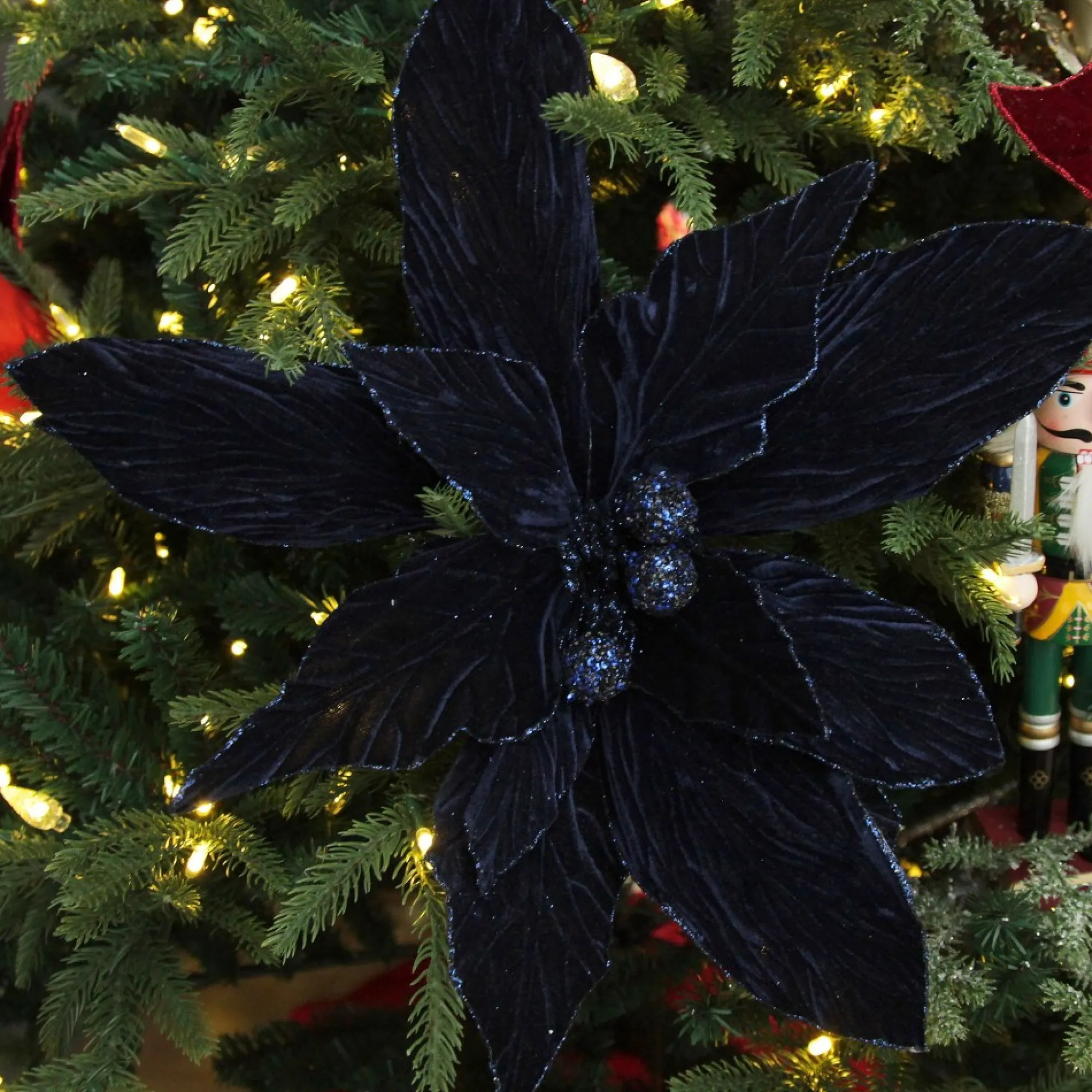 Large Blue Poinsettia Flower Stem with Glitter Trim Sale