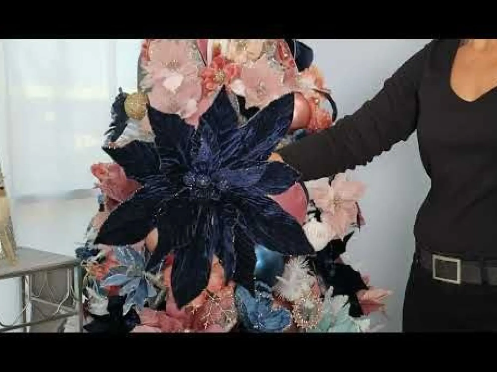 Large Blue Poinsettia Flower Stem with Glitter Trim Sale