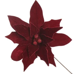 Large Burgundy Poinsettia Flower Stem with Glitter Trim Clearance