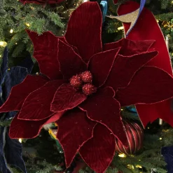 Large Burgundy Poinsettia Flower Stem with Glitter Trim Clearance