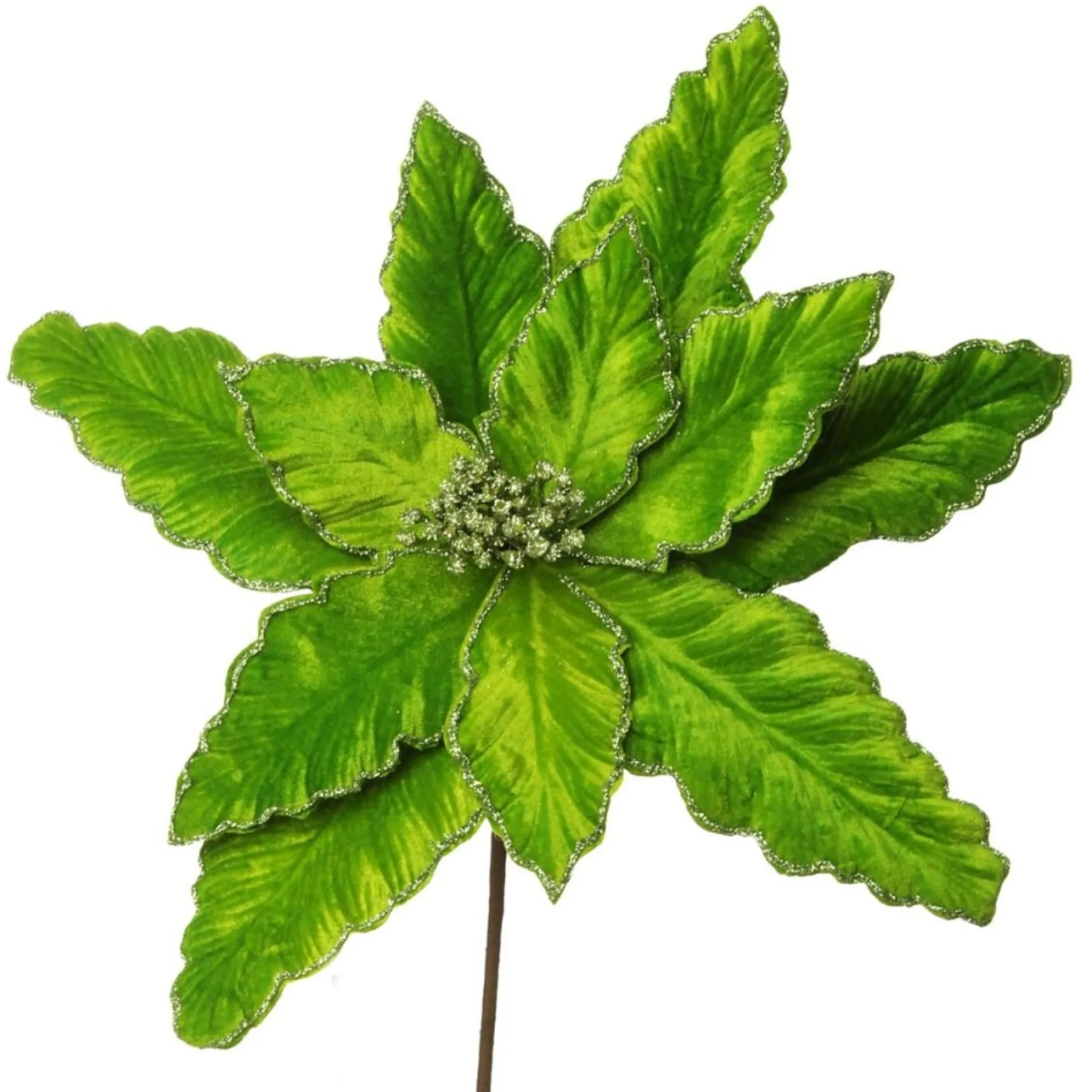 Large Green Poinsettia Flower Pick with Green Glitter Trim New