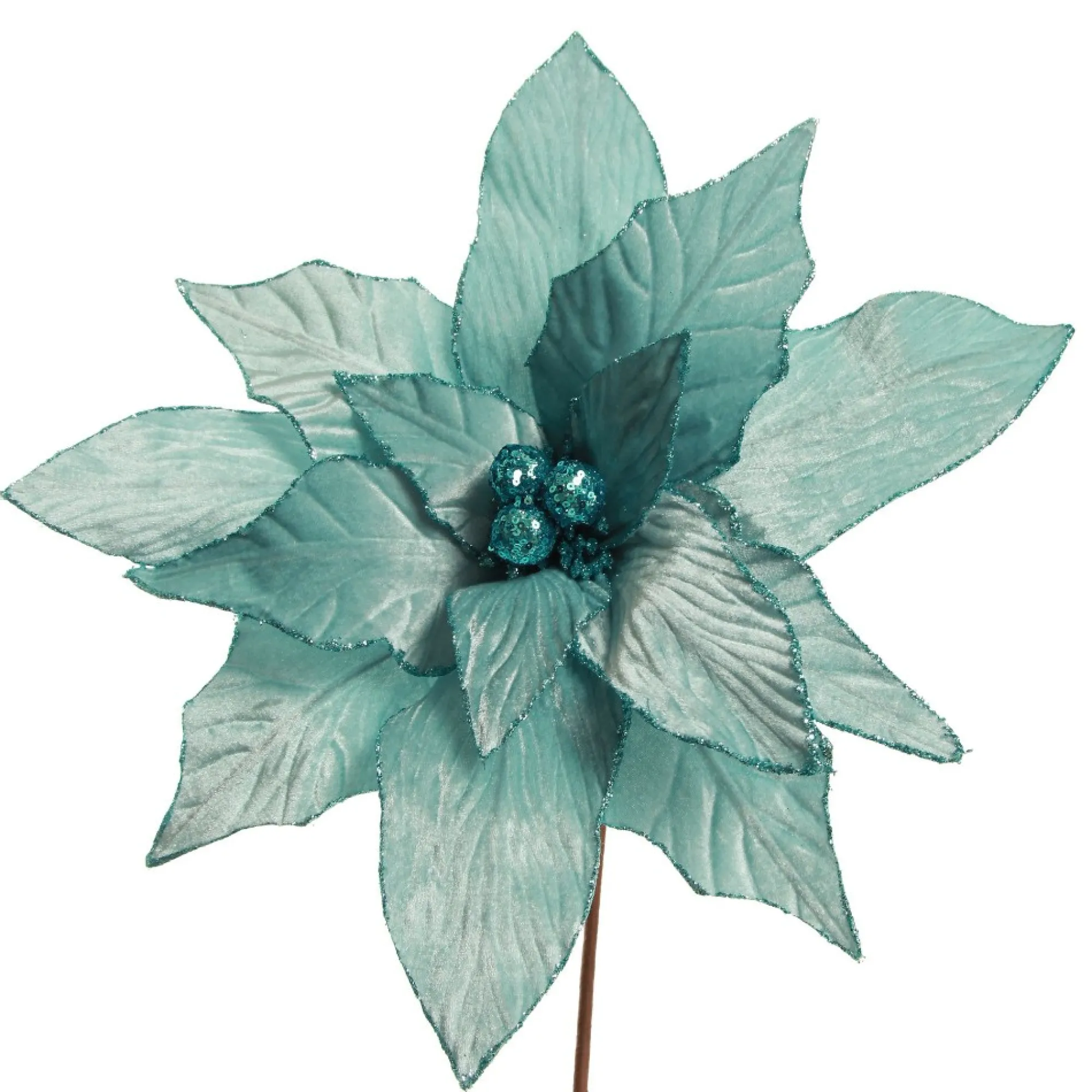 Large Pale Blue Poinsettia Flower Stem with Glitter Trim Cheap