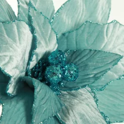 Large Pale Blue Poinsettia Flower Stem with Glitter Trim Cheap