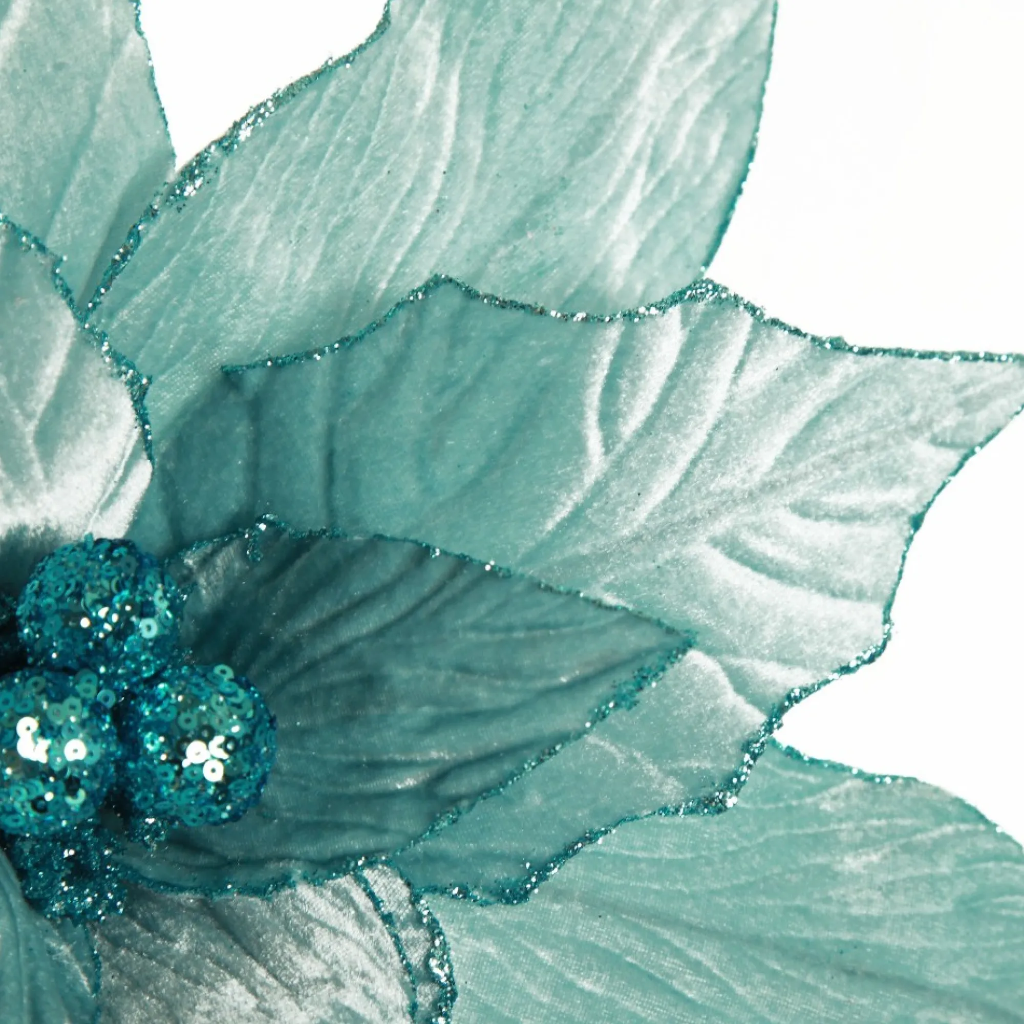 Large Pale Blue Poinsettia Flower Stem with Glitter Trim Cheap