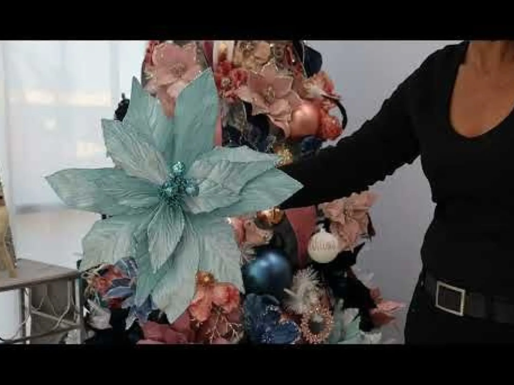 Large Pale Blue Poinsettia Flower Stem with Glitter Trim Cheap