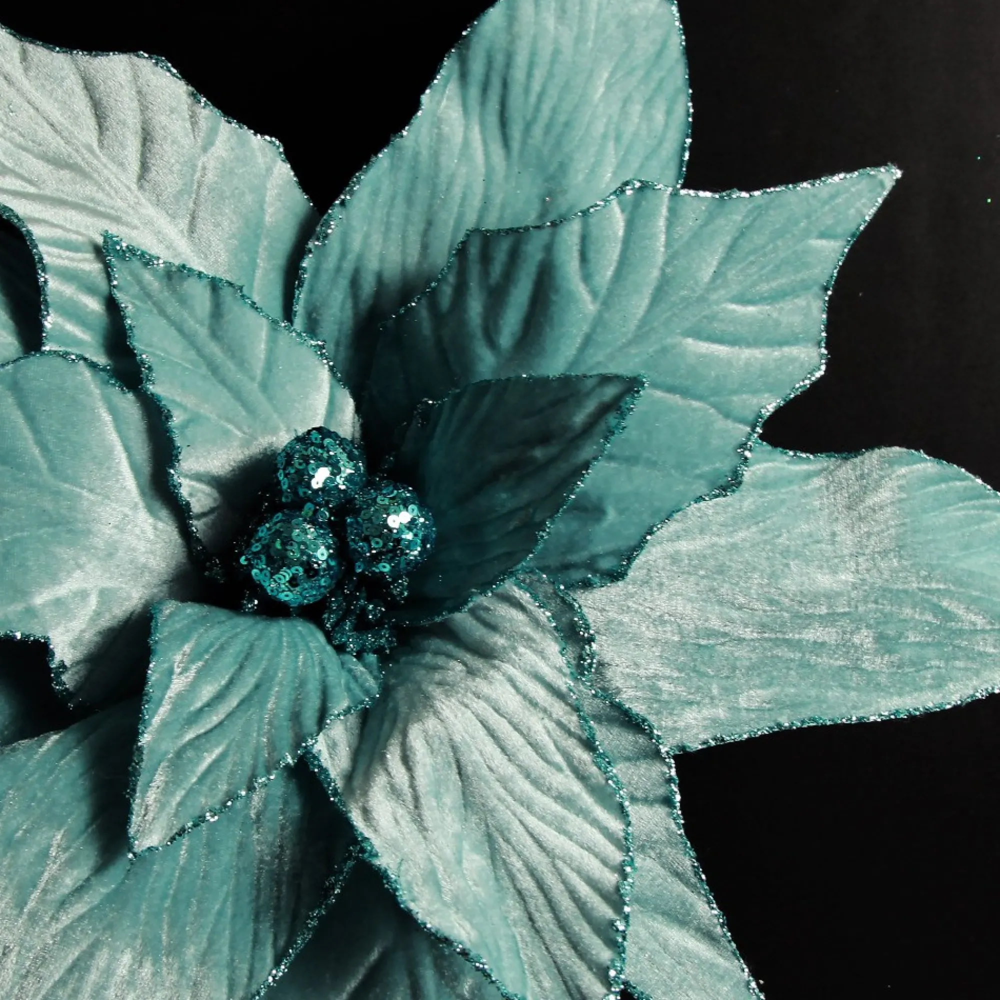 Large Pale Blue Poinsettia Flower Stem with Glitter Trim Cheap