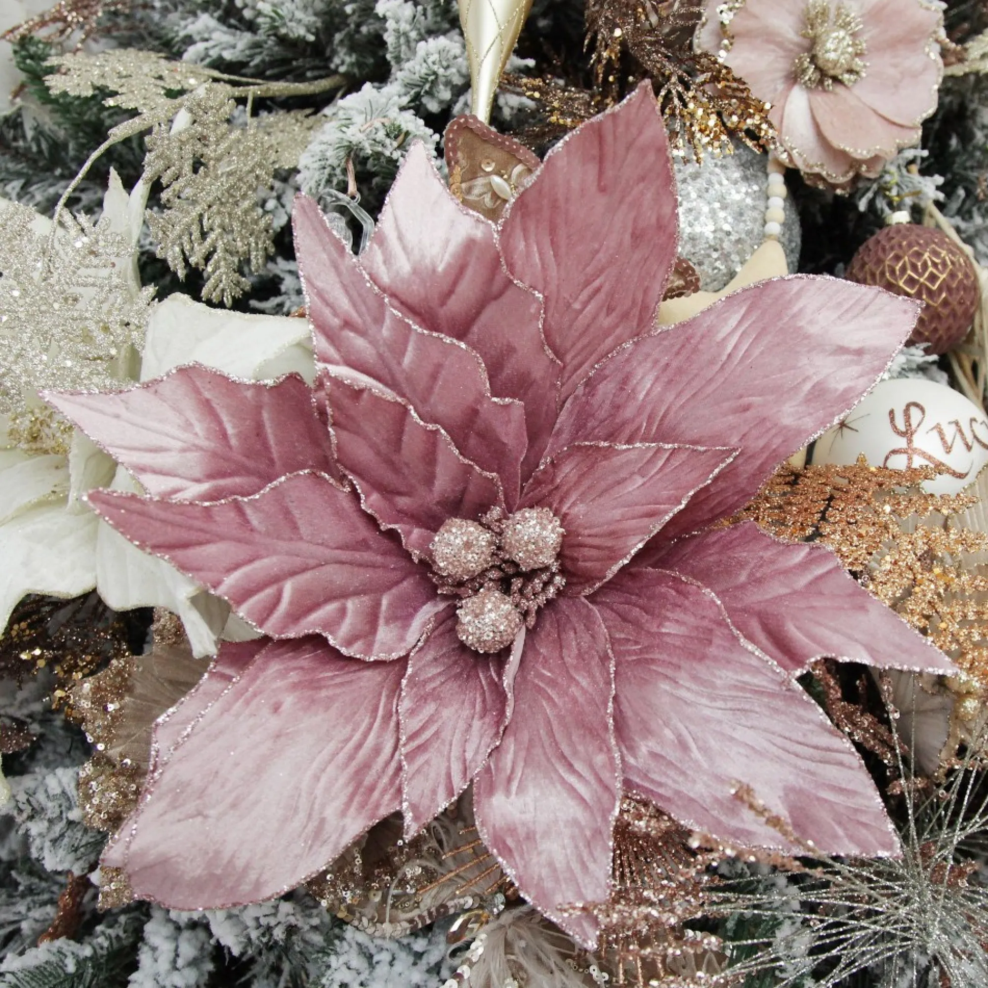 Large Pink Poinsettia Flower Stem with Glitter Trim Discount