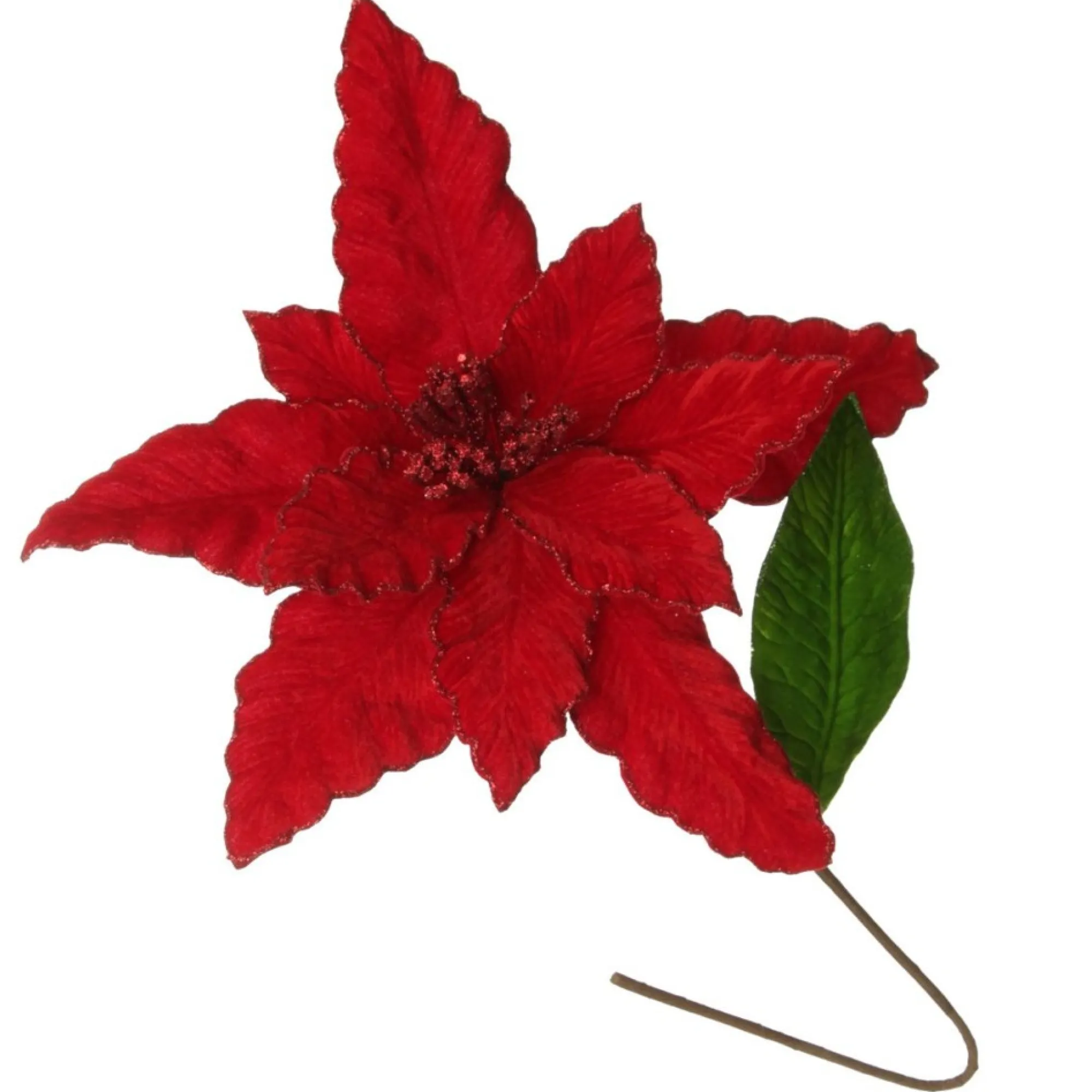 Large Red Poinsettia Flower Pick with Red Glitter Trim Store