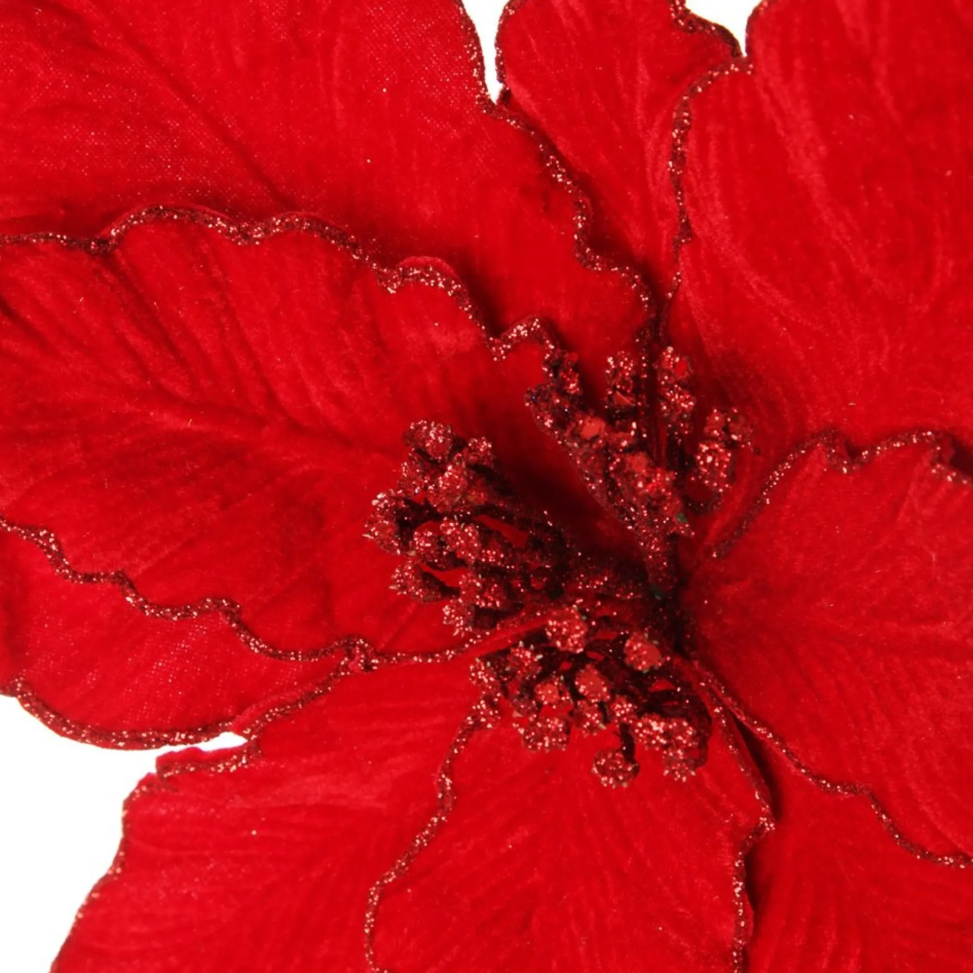 Large Red Poinsettia Flower Pick with Red Glitter Trim Store