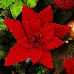 Large Red Poinsettia Flower Pick with Red Glitter Trim Store