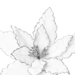 Large White Poinsettia Flower Pick with Silver Glitter Trim Cheap
