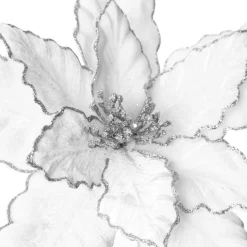 Large White Poinsettia Flower Pick with Silver Glitter Trim Cheap