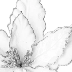 Large White Poinsettia Flower Pick with Silver Glitter Trim Cheap