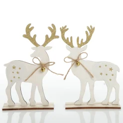 Large White Wood Deers with Gold Glitter Ornaments -Set of 2 Flash Sale