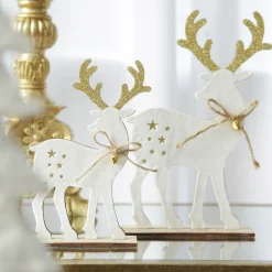 Large White Wood Deers with Gold Glitter Ornaments -Set of 2 Flash Sale
