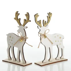 Large White Wood Deers with Gold Glitter Ornaments -Set of 2 Flash Sale