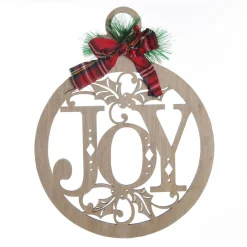 Laser Cut Joy Plywood Hanging Christmas Bauble Tartan bow Discount