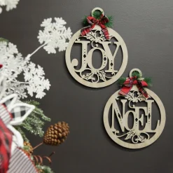 Laser Cut Joy Plywood Hanging Christmas Bauble Tartan bow Discount