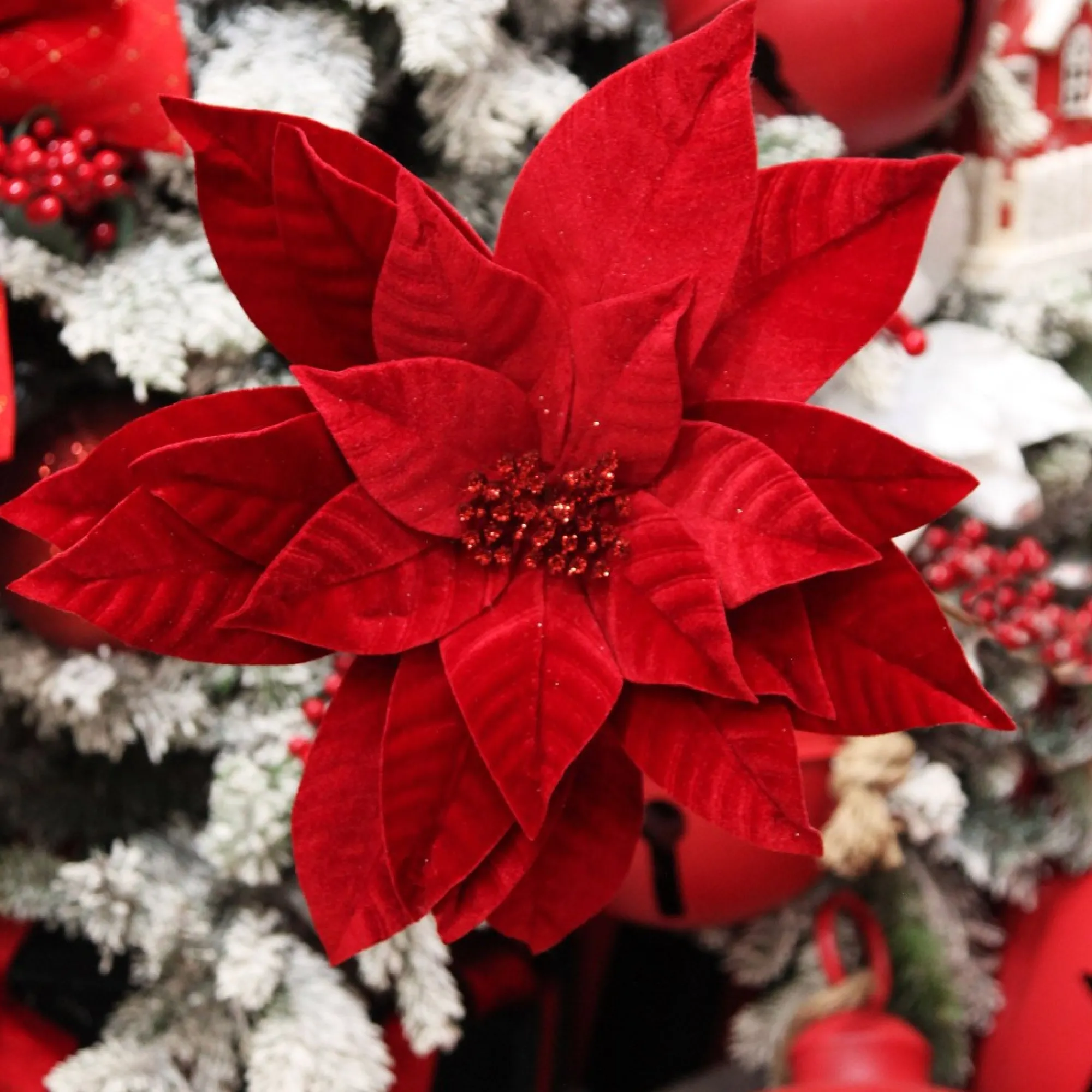Layered Red Velvet Poinsettia Flower Stem Hot