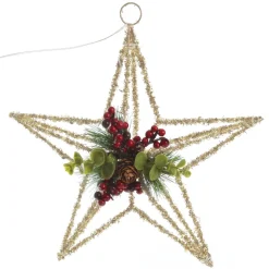 Lightup Champagne Tinsel Wire 3D Star Tree Topper with Cone and Berry Fashion