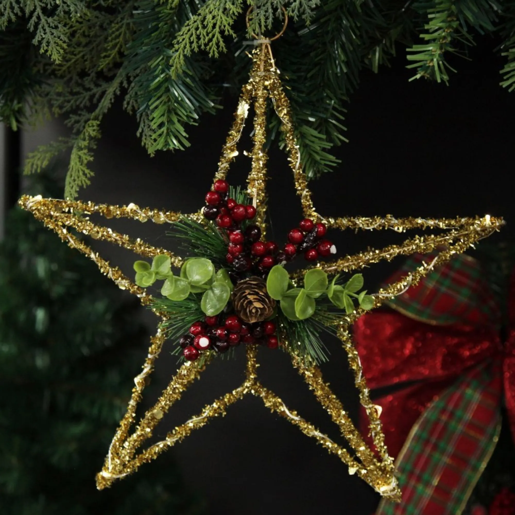 Lightup Champagne Tinsel Wire 3D Star Tree Topper with Cone and Berry Fashion