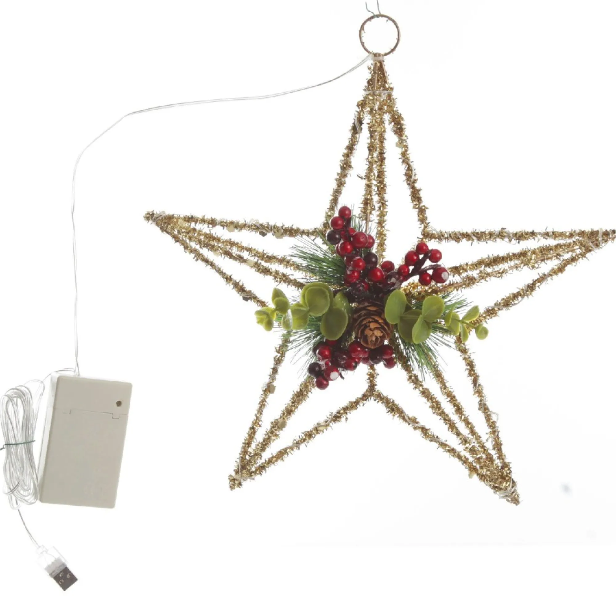 Lightup Champagne Tinsel Wire 3D Star Tree Topper with Cone and Berry Fashion