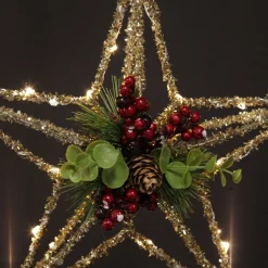 Lightup Champagne Tinsel Wire 3D Star Tree Topper with Cone and Berry Fashion