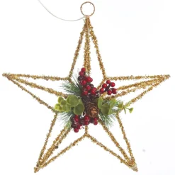 Lightup Gold Tinsel Wire 3D Star Tree Topper with Cone and Berry Best Sale