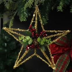 Lightup Gold Tinsel Wire 3D Star Tree Topper with Cone and Berry Best Sale