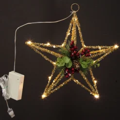 Lightup Gold Tinsel Wire 3D Star Tree Topper with Cone and Berry Best Sale