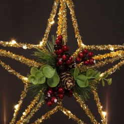 Lightup Gold Tinsel Wire 3D Star Tree Topper with Cone and Berry Best Sale
