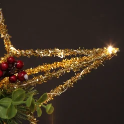 Lightup Gold Tinsel Wire 3D Star Tree Topper with Cone and Berry Best Sale