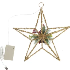 Lightup Gold Tinsel Wire 3D Star Tree Topper with Cone and Berry Best Sale