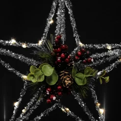 Lightup Silver Tinsel Wire 3D Star Tree Topper with Cone and Berry Hot