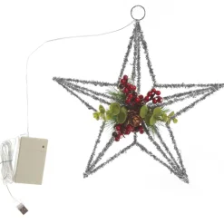 Lightup Silver Tinsel Wire 3D Star Tree Topper with Cone and Berry Hot