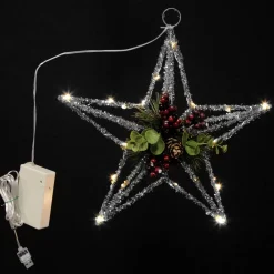 Lightup Silver Tinsel Wire 3D Star Tree Topper with Cone and Berry Hot
