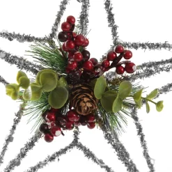Lightup Silver Tinsel Wire 3D Star Tree Topper with Cone and Berry Hot