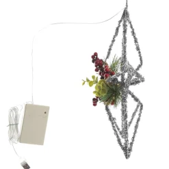 Lightup Silver Tinsel Wire 3D Star Tree Topper with Cone and Berry Hot