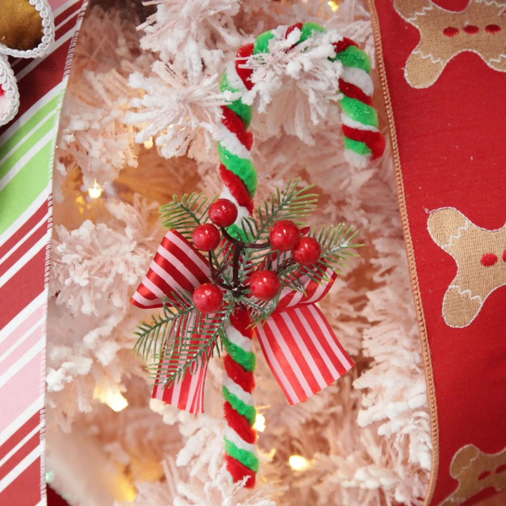 Medium Chenille Stick Christmas Candy Cane with Pine and Berries - Set of 2 Sale