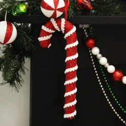 Medium Red Glitter with Braid Candy Cane Christmas Decoration - Set of 2 Cheap