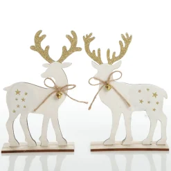 Medium White Wood Deers with Gold Glitter Ornaments -Set of 2 Sale
