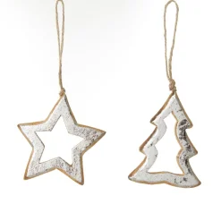 Natural and Silver Hollow Wood Star and Tree Decoration - Set of 2 Sale