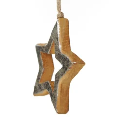 Natural and Silver Hollow Wood Star and Tree Decoration - Set of 2 Sale
